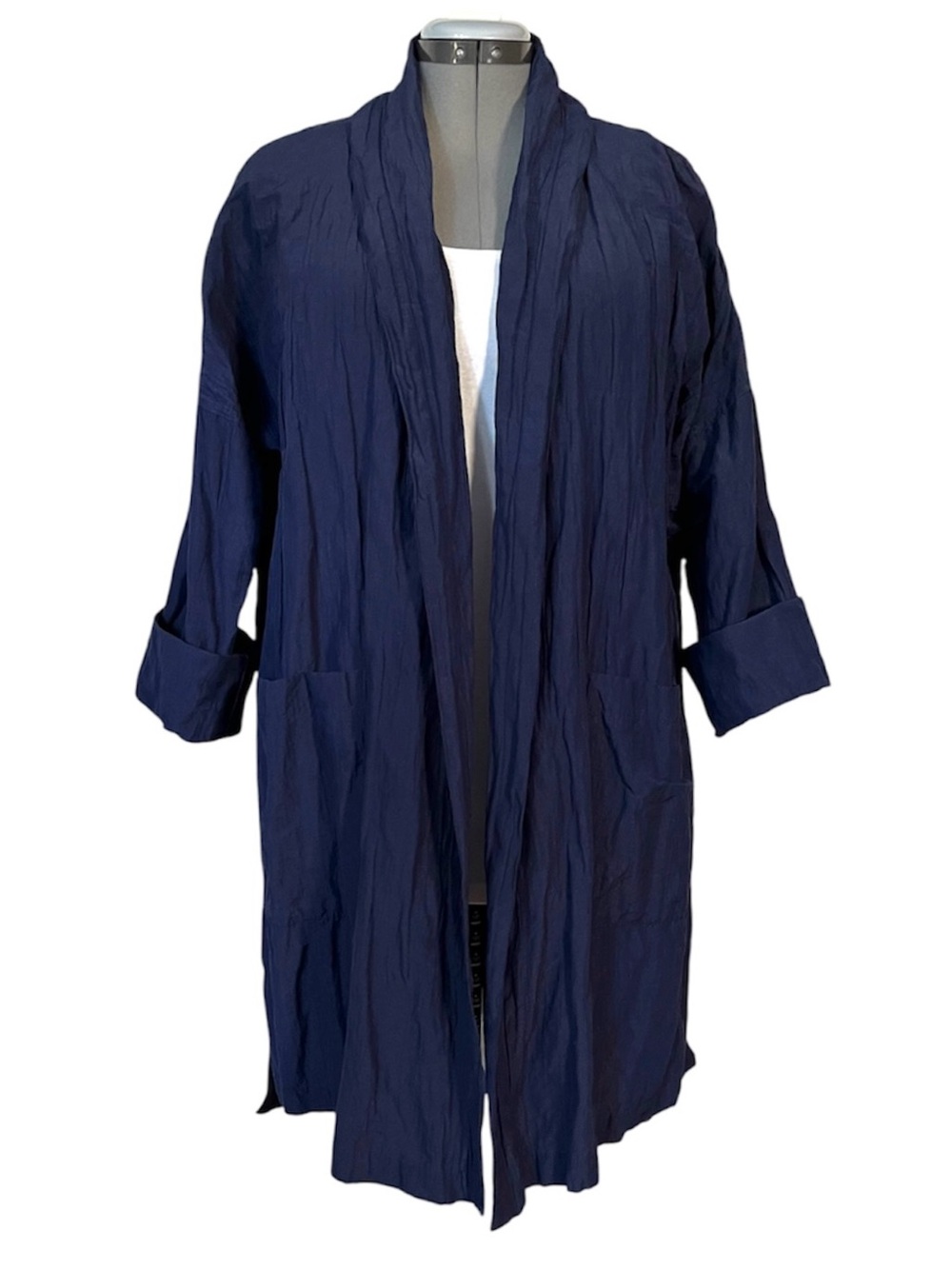 Eileen Fisher open front crinkle texture Relaxed fit topper jacket Navy L